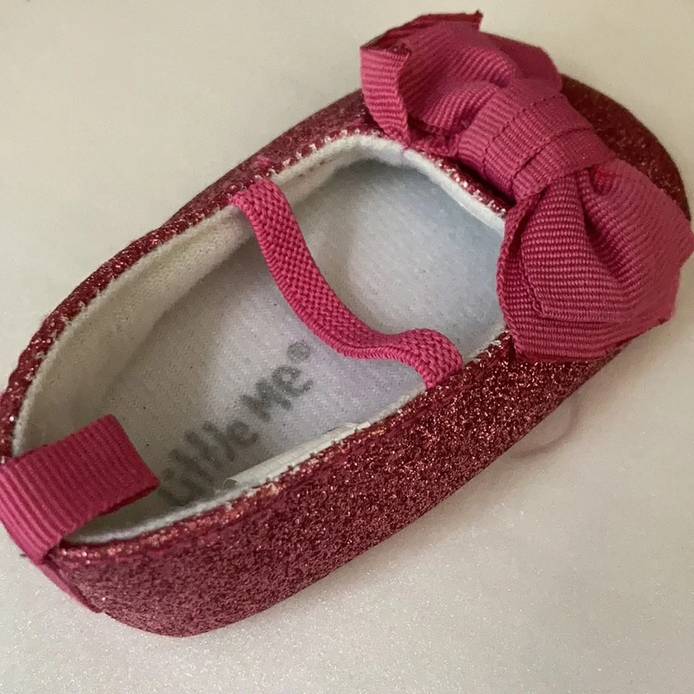 Little Me Mary Jane Slippers Sparkling Pink with Bows Size 2